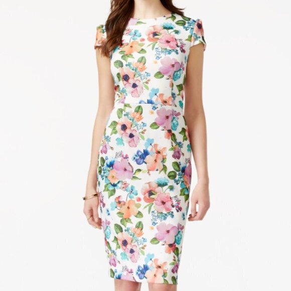 LIKE NEW Betsey Johnson Floral Print Scuba Sheath Midi Dress SZ 8 - Picture 1 of 4